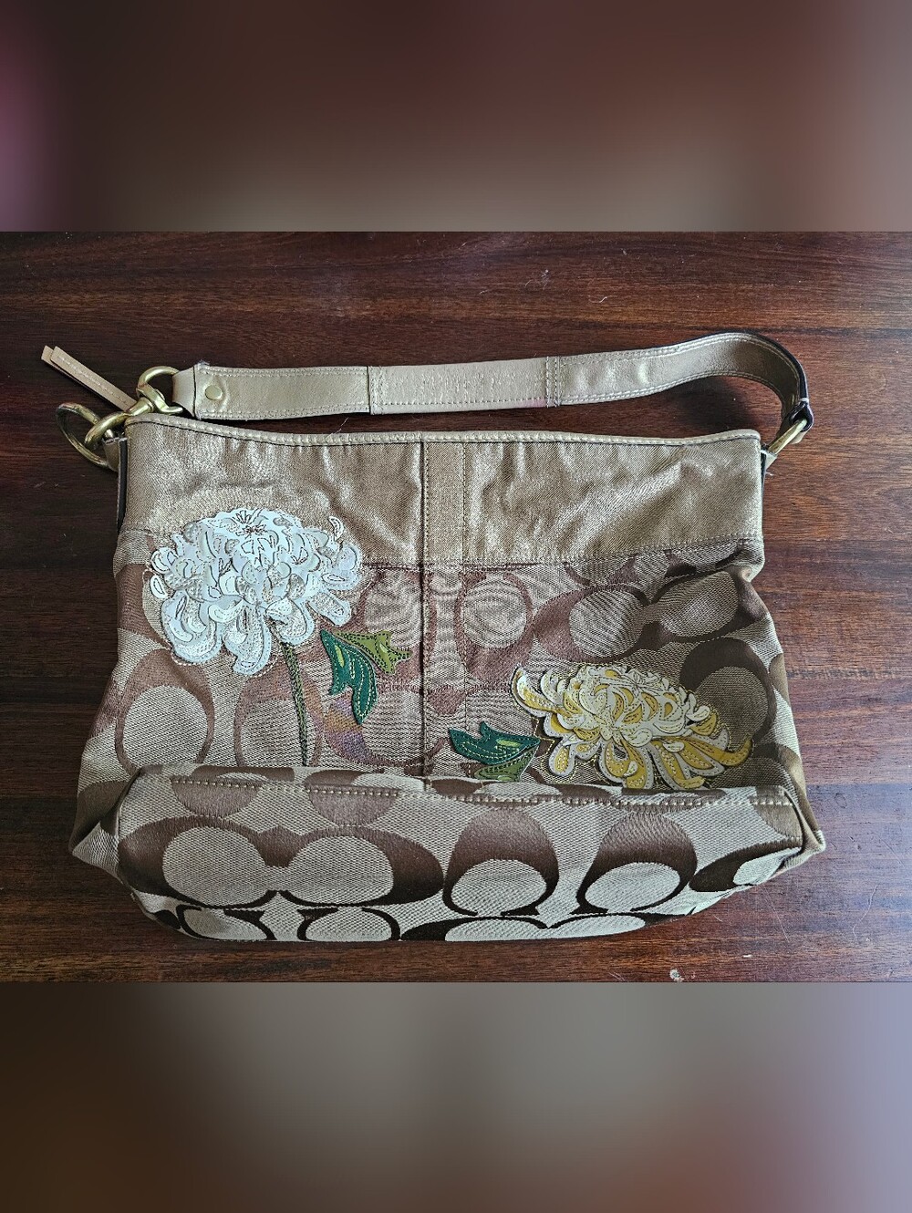 Coach Signature Floral Appliqué Shoulder Bag in Brown